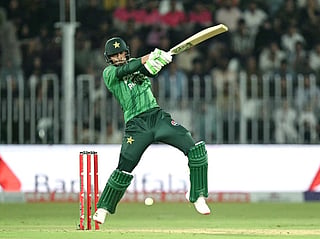 Pakistan's Hasan Nawaz plays a shot during the second T20 international cricket match between Pakistan and Sri Lanka at the Rawalpindi Cricket Stadium in Rawalpindi on October 11, 2026.