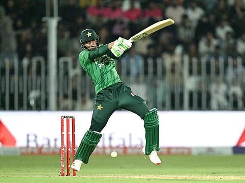 Pakistan's Hasan Nawaz plays a shot during the second T20 international cricket match between Pakistan and Sri Lanka at the Rawalpindi Cricket Stadium in Rawalpindi on October 11, 2026.