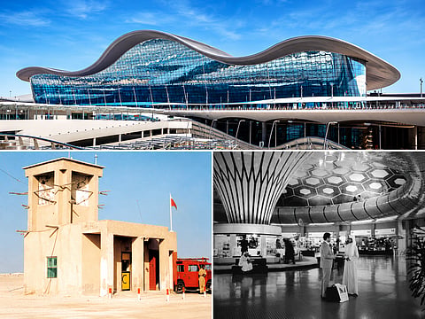 A visual journey through Abu Dhabi’s aviation history, from its early airport building to the terminal interiors of the past and the striking modern architecture of Zayed International Airport.