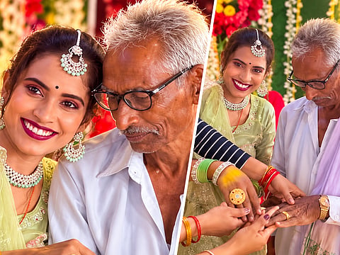 Rani Rajput, 30, and Ramsugar, 75, during their reported ring ceremony in Uttar Pradesh’s Auraiya district, India, ahead of their planned wedding after Navratri.