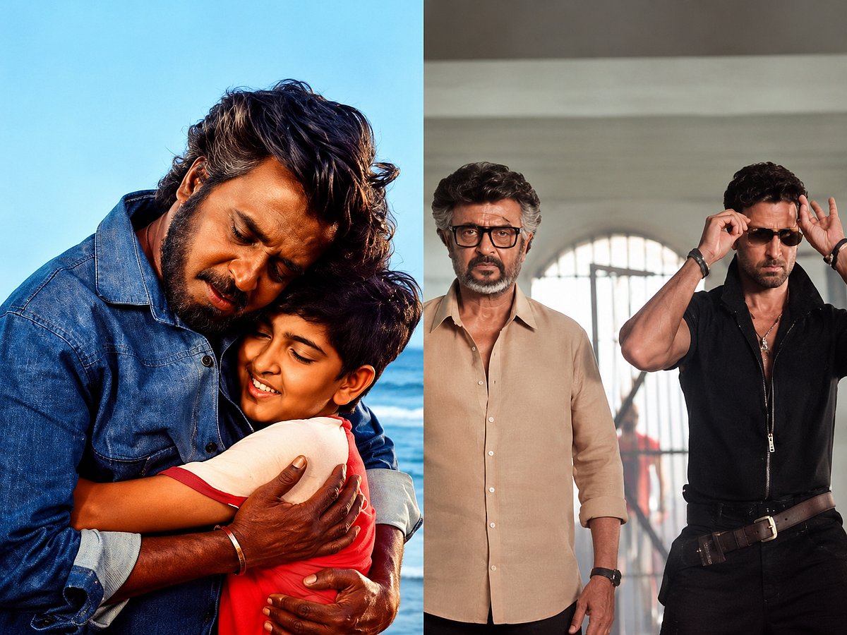 Hrithik Roshan as a child actor with Rajinikanth in Bhagwan Dada (left), and the stars reunite in Jailer 2 nearly four decades later.
