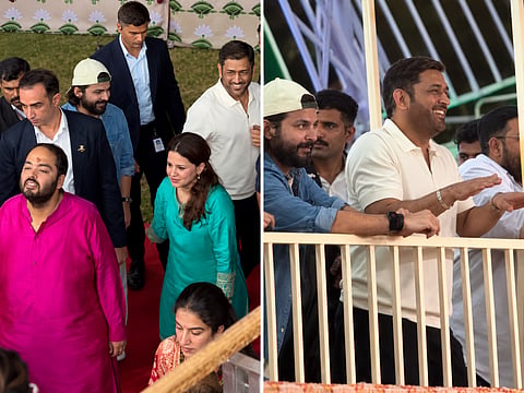 Anant Ambani and MS Dhoni attend the Ambani family’s Navratri celebrations at Reliance Greens in Jamnagar, Gujarat. Videos featuring the guests, including candid moments from the festivities, have circulated on social media.