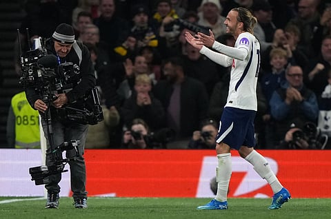Tottenham Hotspur's English midfielder #10 James Maddison (2L) celebrates scoring the opening goal during the English Premier League football match between Tottenham Hotspur and Coventry City at the Tottenham Hotspur Stadium in London, on October 19, 2026.