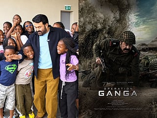 Mohanlal poses with Ugandan dance stars Ghetto Kids alongside the poster of his upcoming Malayalam film ‘Operation Ganga’, starring Arjun Rampal and Bhagashri Borse.
