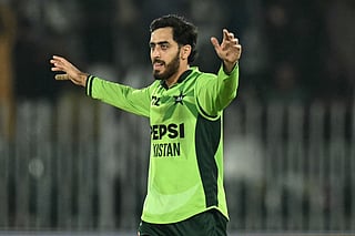 Pakistan's Arafat Minhas celebrates after taking his fifth wicket to dismiss England's Will Jacks during the one-day international (ODI) tri-series cricket match between Pakistan and England at the Rawalpindi Cricket Stadium in Rawalpindi on October 20, 2026.