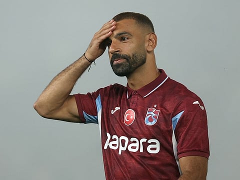 Trabzonspor's Egyptian forward Mohamed Salah gestures during his signing cerenomy at the Papara Park Stadium in Trabzon on August 6, 2026.