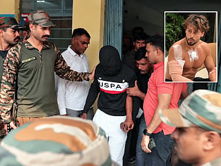 Two of the three accused arrested in connection with the firing incident involving actor Tiger Shroff at the Railway Colony Police Station in Kota on Tuesday, following Mumbai Police’s arrival after a court granted a 48-hour transit remand. Inset: Actor Tiger Shroff with a bandage covering his injuries.