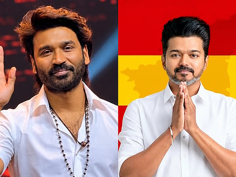 Actor Dhanush and Tamil Nadu Chief Minister and Tamilaga Vettri Kazhagam (TVK) leader Joseph Vijay.