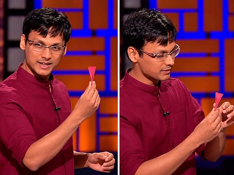 Indian industrial designer Rahul Agarwal demonstrates his fold-flat measuring spoon during his pitch on Shark Tank USA. Agarwal secured a $350,000 investment from Lori Greiner and guest investor Mindy Kaling for his startup, Polygons.