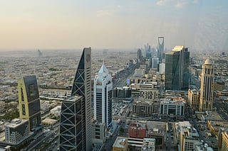 Buildings line King Fahd Road in the Olaya district of Riyadh, Saudi Arabia, Wednesday, Oct. 14, 2026 (AP Photo/Baraa Anwer)