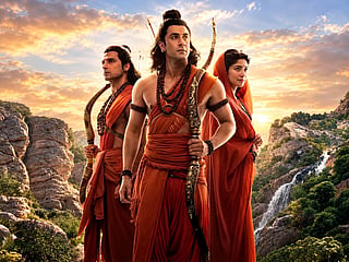 Ranbir Kapoor as Lord Rama, with Sai Pallavi as Sita and Ravi Dubey as Lakshman, in a still from Nitesh Tiwari’s upcoming epic film ‘Ramayana’.
