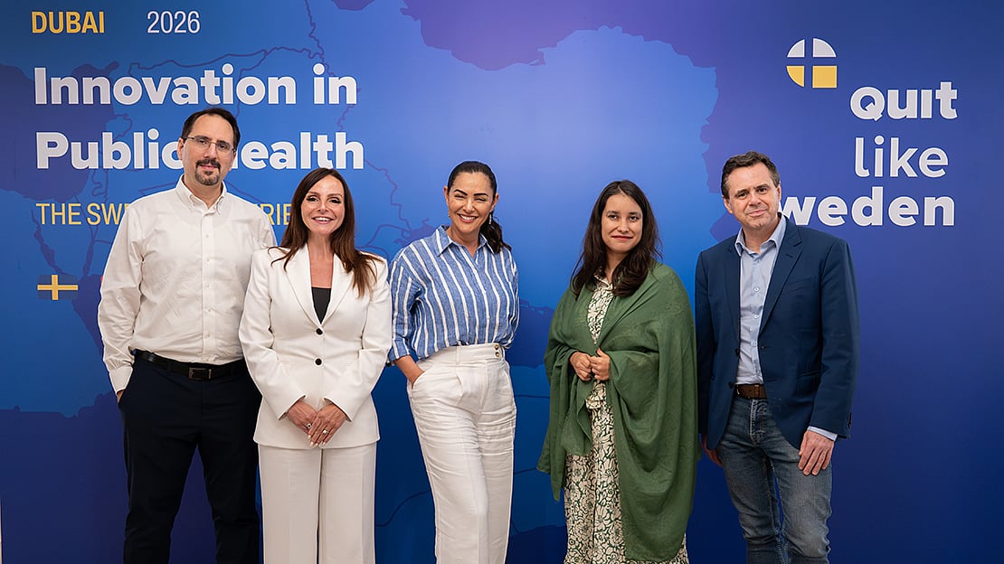 From left: Consultant pulmonologist Dr Mohammad Fawzi Katranji, Dr Rachel Kaminski from Saudi German Hospital, Suely Castro, Founder of Quit Like Sweden, Beatriz Santos, CCO at We Are Innovation and addiction specialist Dr Garrett McGovern at the event, Innovation in Public Health: The Swedish Experience