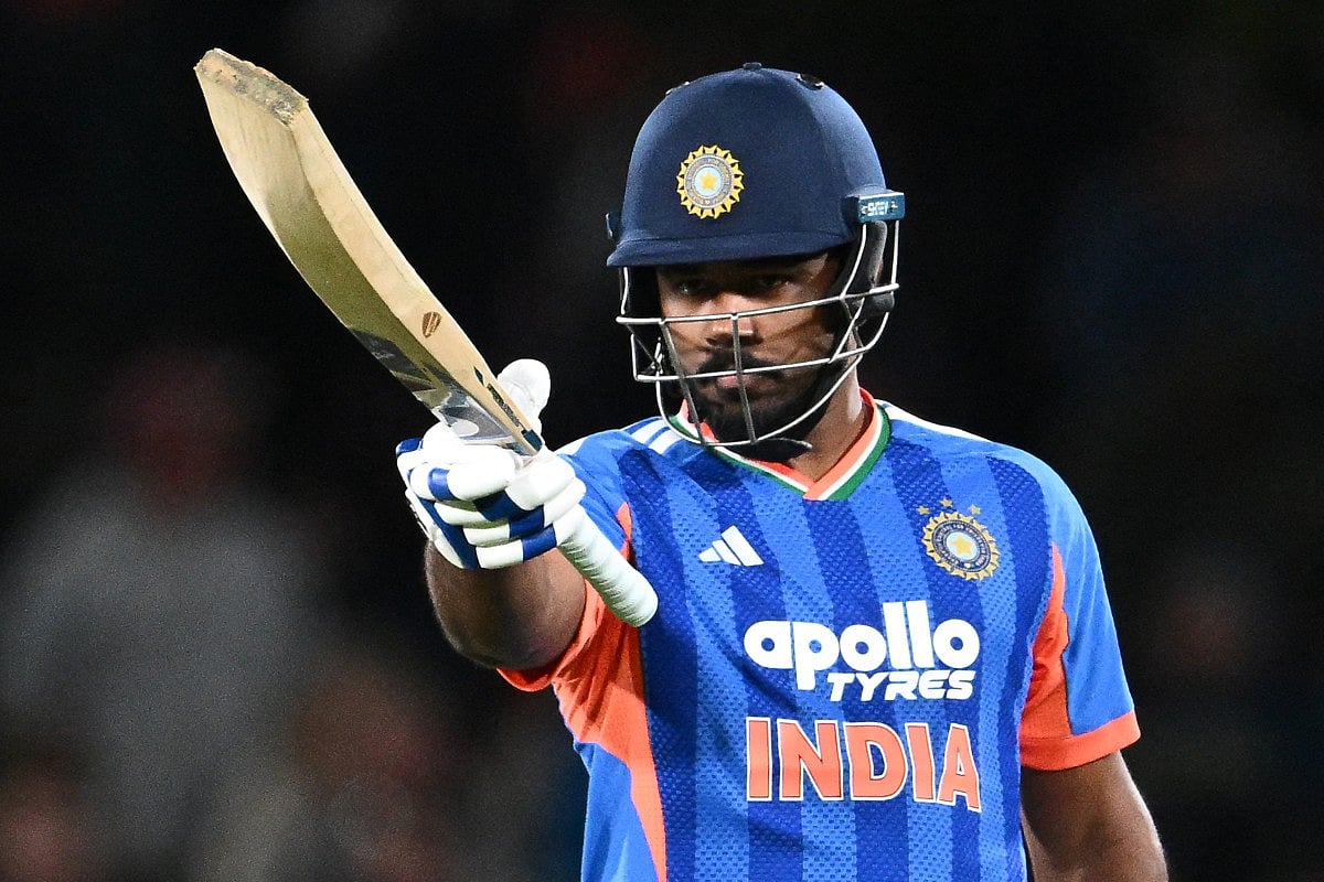 India's Sanju Samson celebrates after scoring his half century during the first Twenty20 international cricket match between New Zealand and India at Hagley Oval in Christchurch on October 22, 2026.