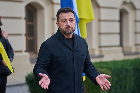 Ukraine's President Volodymyr Zelenskyy answers media questions before his meeting with Finnish Prime Minister Petteri Orpo in Kyiv, Ukraine, Thursday Oct. 22, 2026. (AP Photo/Efrem Lukatsky)