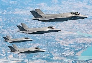 Israeli Air Force F-35 fighter jets fly in formation.