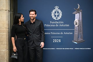 Argentinian football legend Lionel Messi poses with his wife Antonela Roccuzzo on the eve of receiving the Princess of Asturias Award for Sport, in Oviedo on October 22, 2026.