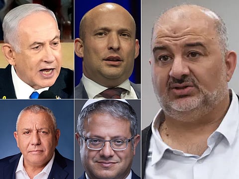 FILE - People walk past a Likud party campaign billboard featuring Israeli Prime Minister Benjamin Netanyahu alongside opposition party leaders and bearing the Hebrew slogan "Right or Palestine," ahead of Israel's general election, in Beni Brak, Israel, Sunday, Oct. 18, 2026.