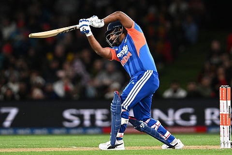 India's Sanju Samson bats during the first Twenty20 international cricket match between New Zealand and India at Hagley Oval in Christchurch, on October 22, 2026.