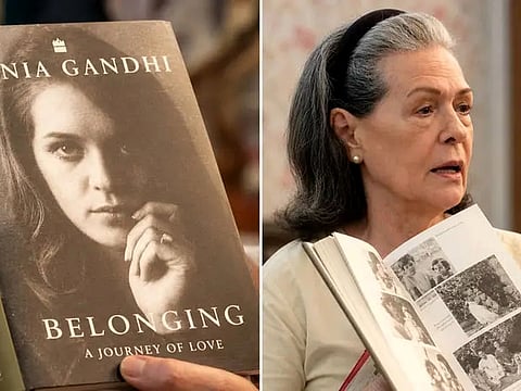 Sonia Gandhi’s upcoming memoir, Belonging: A Journey of Love, is pictured alongside the Congress leader holding a book featuring photographs from her life. The memoir is scheduled for release on November 10, 2026.