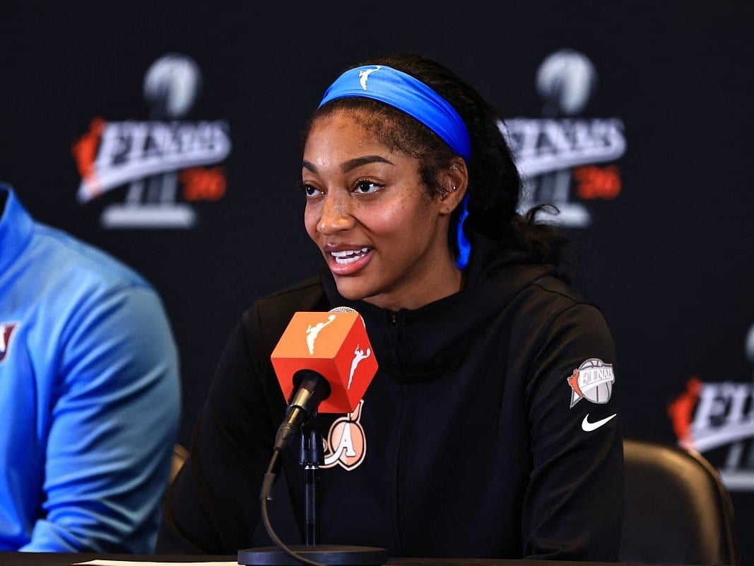 Angel Reese #5 of the Atlanta Dream talks to the media after the game against the Golden State Valkyries during Game Three of the 2026 WNBA Finals on October 21, 2026 at State Farm Arena in Atlanta, Georgia.