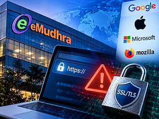 Illustration depicting eMudhra’s exit from the global SSL/TLS website security certificate business following a security incident involving digital certificates.