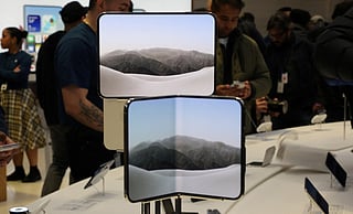 The new iPhone Duo is displayed on launch day at the Apple Fifth Avenue store in New York on October 23, 2026.