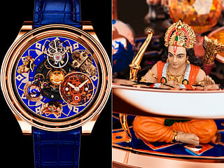Jacob & Co.’s Ram-inspired Astronomia Solar watch features intricate mechanical details, a striking blue dial, and miniature figures, including Lord Ram, blending luxury watchmaking with elements inspired by Indian mythology.