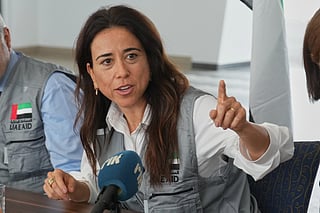 FILE - Minister of State of the United Arab Emirates, Lana Nusseibeh speaks during a news conference at the port in city of Limassol, Cyprus, on Friday, Nov. 7, 2025. (AP Photo/Petros Karadjias, File)