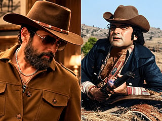 Bollywood actor Fardeen Khan (left) wears a cowboy hat belonging to his late father, veteran actor-filmmaker Feroz Khan (right), for the first time in 17 years after dreaming about him. Feroz Khan, who died in 2009, was known for his distinctive Western-inspired style.