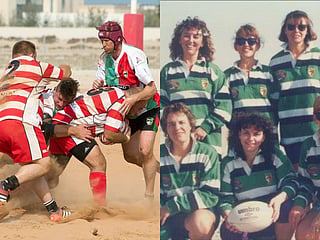 Left: Before pitches, rugby was played on the sand. Right: 1991/2 women’s team