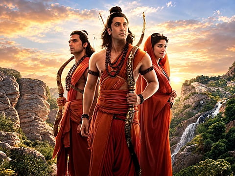 Ranbir Kapoor as Lord Rama, with Sai Pallavi as Sita and Ravi Dubey as Lakshman, in a still from Nitesh Tiwari’s upcoming epic film ‘Ramayana’.