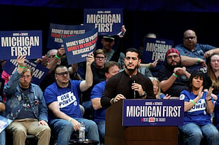 Michigan Democrat senatorial candidate Abdul El Sayed speaks at a midterm campaign rally in Grand Rapids, Michigan on October 25, 2026.