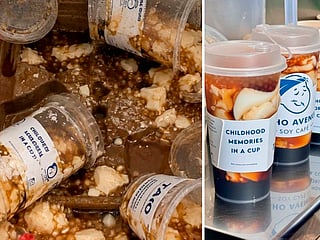 The AI-generated image (left) compared with Taho Avenue's actual drinks, highlighting discrepancies in the packaging and contents.