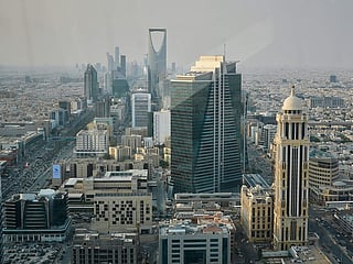 Buildings line King Fahd Road in the Olaya district of Riyadh, Saudi Arabia.