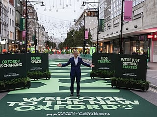 London Mayor Sadiq Khan attends the opening ceremony for a section of one of Britain's most famous shopping streets, Oxford Street, as it goes permanently traffic-free for the first time in central London on October 26, 2026.