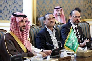 This handout picture provided by the Iranian presidency shows (L to R) Saudi Arabia's Defence Minister Prince Khalid bin Salman Al-Saud, Pakistan's army chief General Syed Asim Munir, and Turkey's intelligence chief Ibrahim Kalin during their meeting with Iran's President, Foreign Minister, and National Security Council head in Tehran on October 26, 2026.