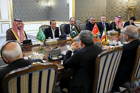 Saudi Arabia's Defence Minister Prince Khalid bin Salman, Pakistan's army chief Field Marshal Syed Asim Munir, and Turkey's intelligence chief Ibrahim Kalin during their meeting with Iran's President, Foreign Minister, and National Security Council head in Tehran on October 26, 2026.
