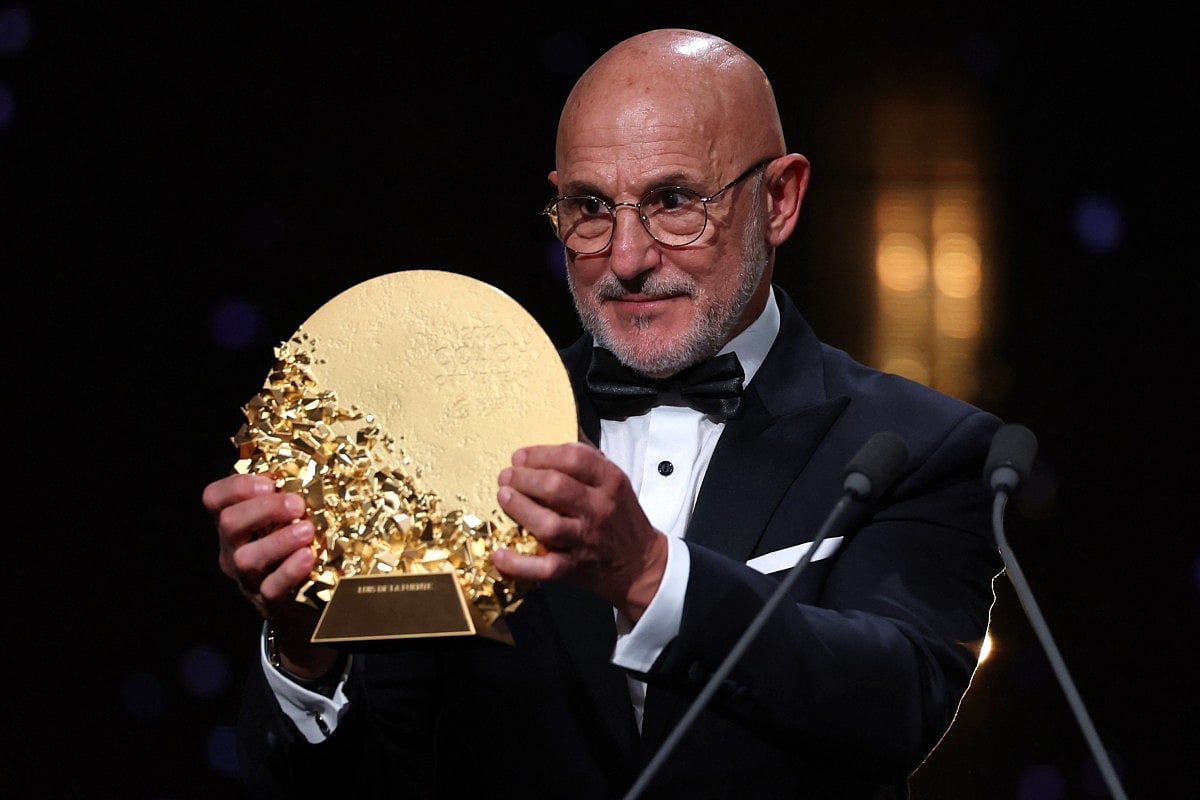 Spain head coach Luis de La Fuente on stage after winning the Trophy for the Men's Coach of the Year during the 2026 Ballon d'Or France Football award ceremony at the Palladium Theatre in London on October 26, 2026.