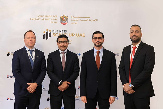 Fahad Saeed Al Raqbani, UAE Ambassador to France (second from left), with  representatives at the Business Scale-Up UAE–Paris Edition on October 1, 2026. 

Waseem Rather, Shuraa Head of Europe, stands on the far right. 
