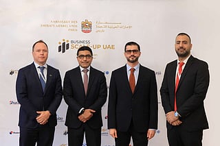 Fahad Saeed Al Raqbani, UAE Ambassador to France (second from left), with  representatives at the Business Scale-Up UAE–Paris Edition on October 1, 2026. 

Waseem Rather, Shuraa Head of Europe, stands on the far right. 
