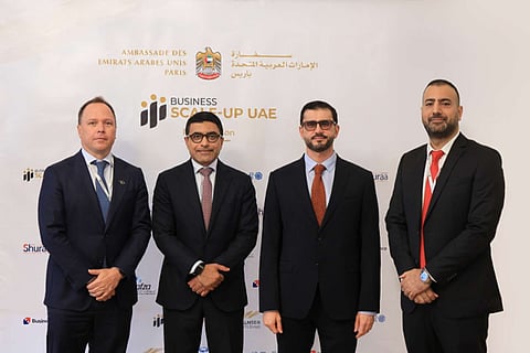 Fahad Saeed Al Raqbani, UAE Ambassador to France (second from left), with  representatives at the Business Scale-Up UAE–Paris Edition on October 1, 2026. 

Waseem Rather, Shuraa Head of Europe, stands on the far right. 
