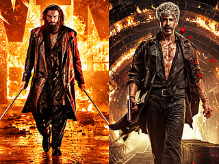 A combination image shows Ranveer Singh in Dhurandhar: The Revenge (left) and Shah Rukh Khan in King (right), with both actors sporting rugged looks against fiery backdrops.
