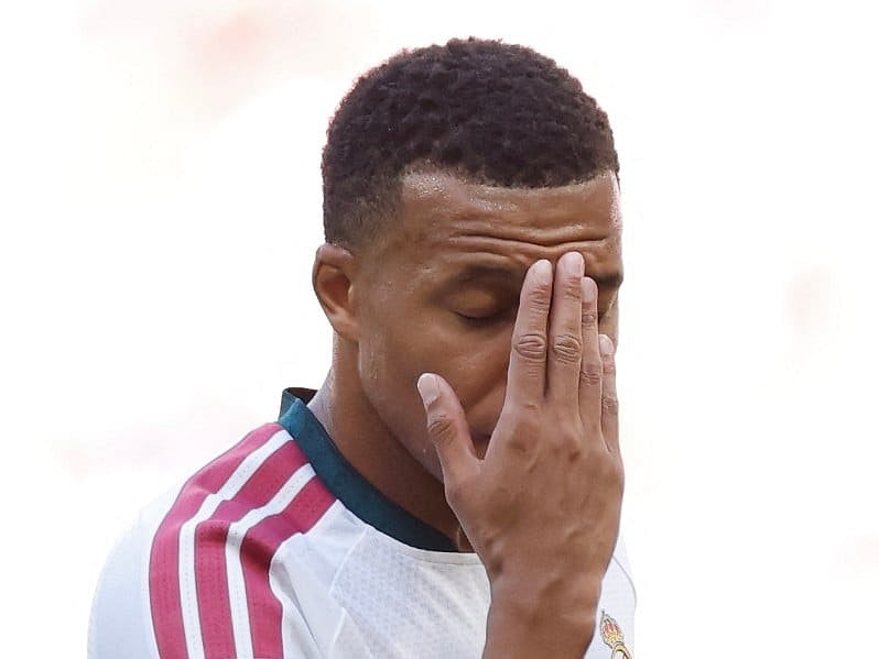 Real Madrid's French forward #10 Kylian Mbappe gestures during the Spanish league football match between Club Atletico de Madrid and Real Madrid CF at the Metropolitano stadium in Madrid on September 20, 2026.