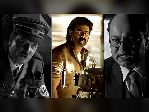 Prabhas in the upcoming film Fauzi is pictured alongside portrayals of Adolf Hitler and Netaji Subhas Chandra Bose, amid controversy over the film’s depiction of historical events.