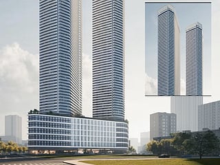 An artist’s rendering of Shang Summit’s twin residential towers in South Triangle, Quezon City, Metro Manila. Developed by Shang Properties through SPI Land Development Inc., the project features architecture by P&T Group and CASAS + Architects, with interiors by FM Architettura. The towers are planned to exceed 260 metres. 