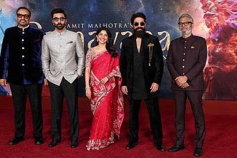 Indian producer Namit Malhotra, Indian actor Ranbir Kapoor, Indian actress Sai Pallavi, Indian actor Yash and Indian director/screenwriter Nitesh Tiwari attend the Los Angeles premiere of "Ramayana" at the Academy Museum of Motion Pictures in Los Angeles on October 27, 2026.
