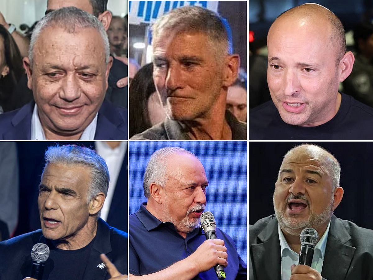 Clockwise from top left: Gadi Eisenkot, Yair Golan, Naftali Bennett, Mansour Abbas, Avigdor Lieberman, and Yair Lapid.