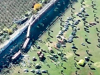 An aerial scene of a train crash between a high speed Renfe AVE train and Iryo train around 150kms south of Madrid between Urda and Los Yebenes in the province of Toledo.