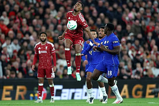 Liverpool's Dutch midfielder #38 Ryan Gravenberch controls the ball whilst under pressure from Chelsea's English striker #18 Danny Welbeck during the English League Cup fourth round football match between Liverpool and Chelsea at Anfield in Liverpool, north west England on October 28, 2026.