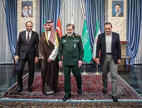 Turkish intelligence chief Ibrahim Kalin, Saudi Defense Minister Prince Khalid bin Salman, Iran’s Supreme National Security Council Secretary Mohsen Rezaei, and Pakistan’s Chief of Defense Forces Field Marshal Asim Munir pose for a photograph during a meeting in Tehran, Iran, October 26, 2026.